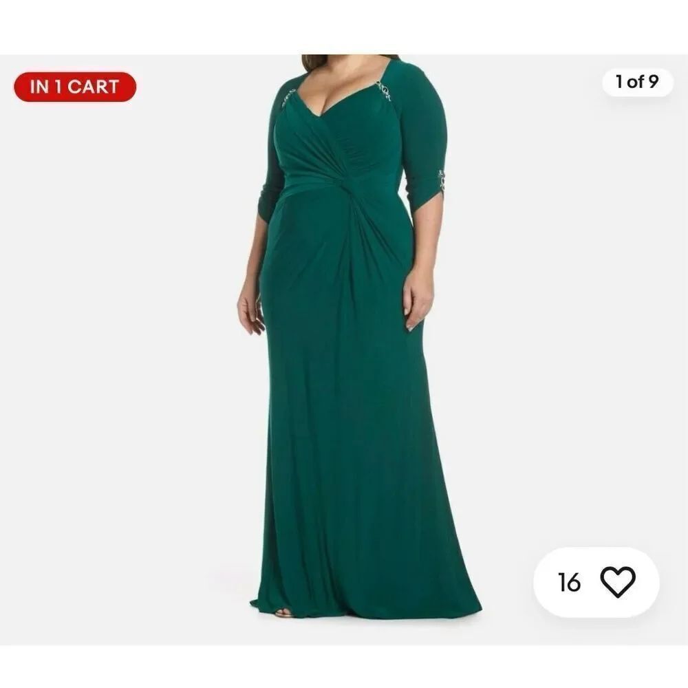 Mac Duggal Green Ruched Jersey Gown w/Crystal Emerald Embellishments sz 24W EUC